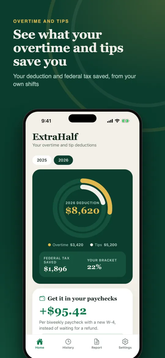 ExtraHalf home screen with the overtime deduction meter