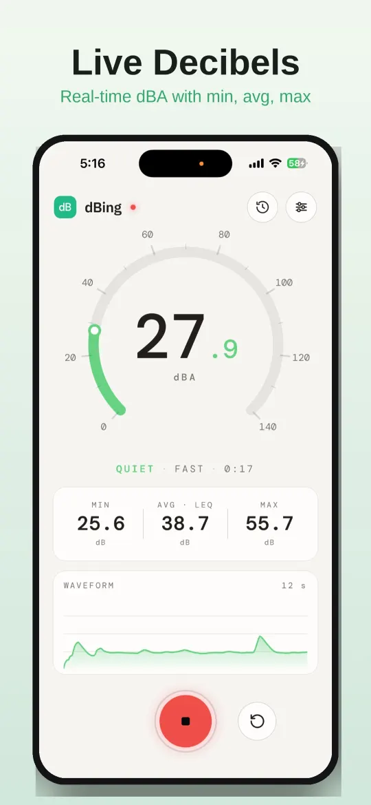 dBing live decibel gauge reading 27.9 dBA with min, average and max