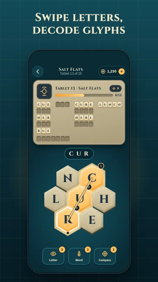 Cipher Isles puzzle screen for tablet 13 of 25 on Salt Flats: swiping a path across a hex letter grid to spell CUR, with Letter, Word and Compass hint buttons below