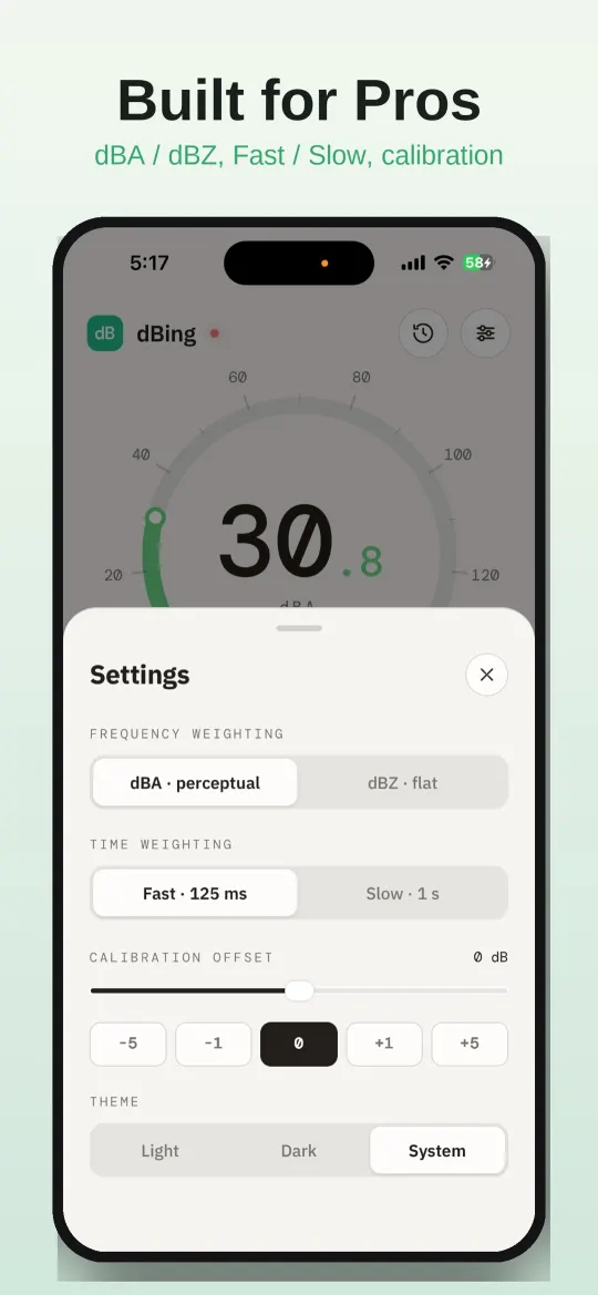 dBing settings for dBA or dBZ weighting, fast or slow response and calibration