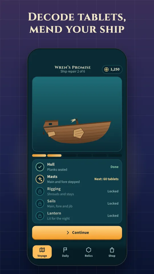 Cipher Isles ship repair screen at repair 2 of 6 listing hull (done), masts (next at 60 tablets), rigging, sails and lantern (locked)