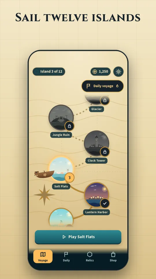 Cipher Isles voyage map on a parchment chart showing island 3 of 12, Salt Flats, with Lantern Harbor completed and Clock Tower, Jungle Ruin and Glacier locked