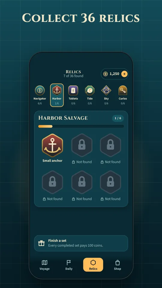Cipher Isles relics screen showing 7 of 36 found and the Harbor Salvage set with one relic, a small anchor, found