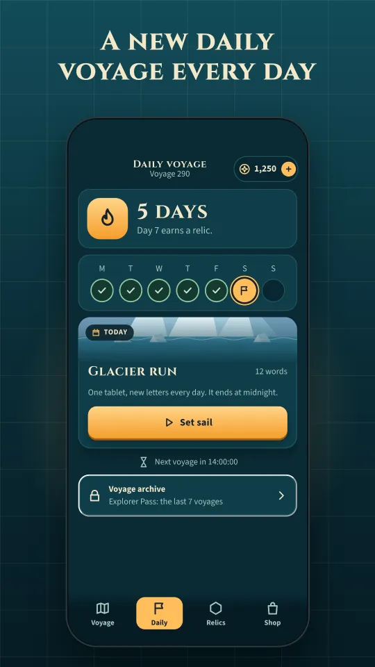 Cipher Isles daily voyage screen with a 5 day streak, 'Day 7 earns a relic', today's Glacier Run puzzle and the voyage archive for Explorer Pass