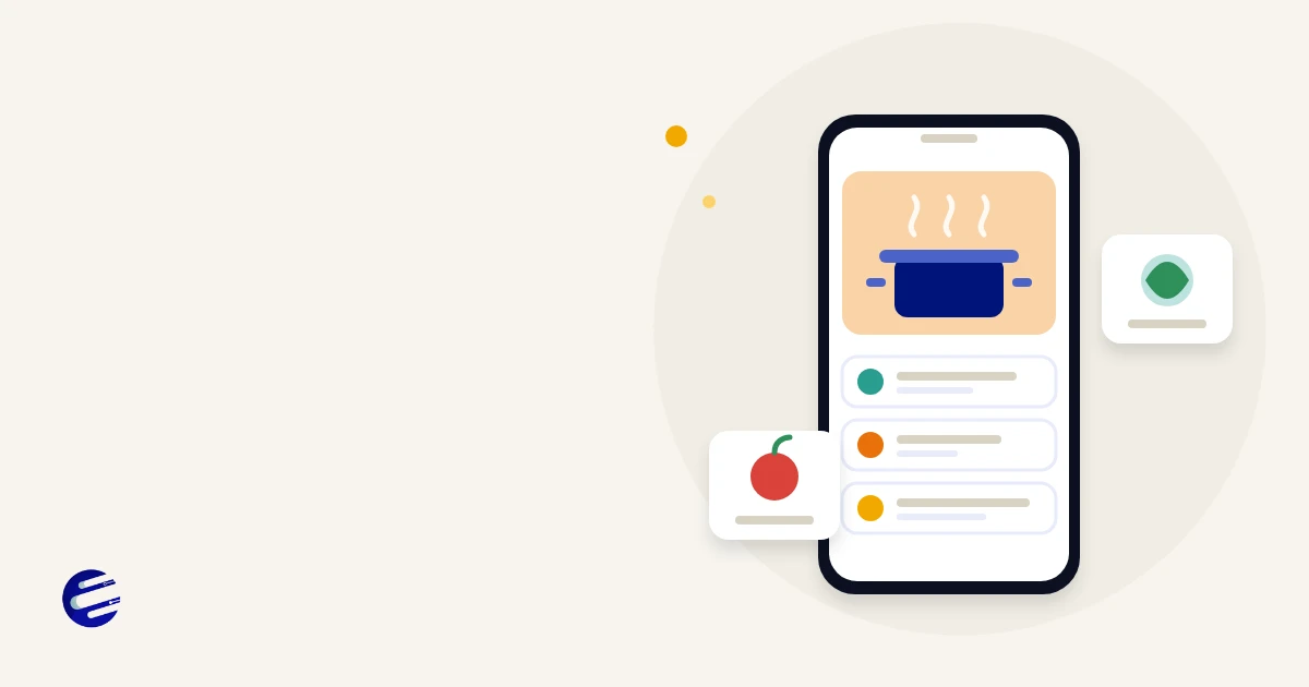 Illustration of a phone showing a recipe app with pantry items and a meal plan