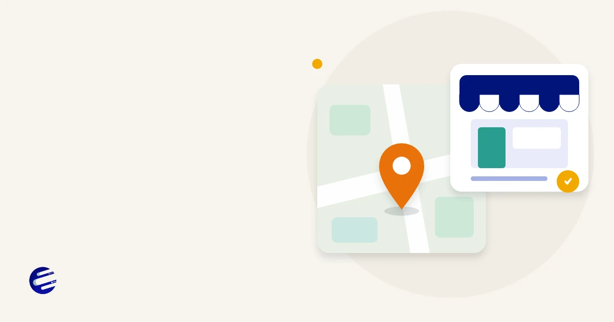 Illustration of a map pin and a business profile card with a rating