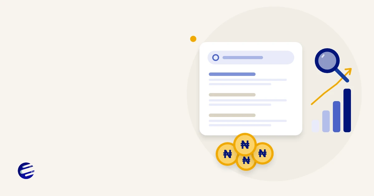 Illustration of a search results page with a magnifying glass, a growth chart and naira coins