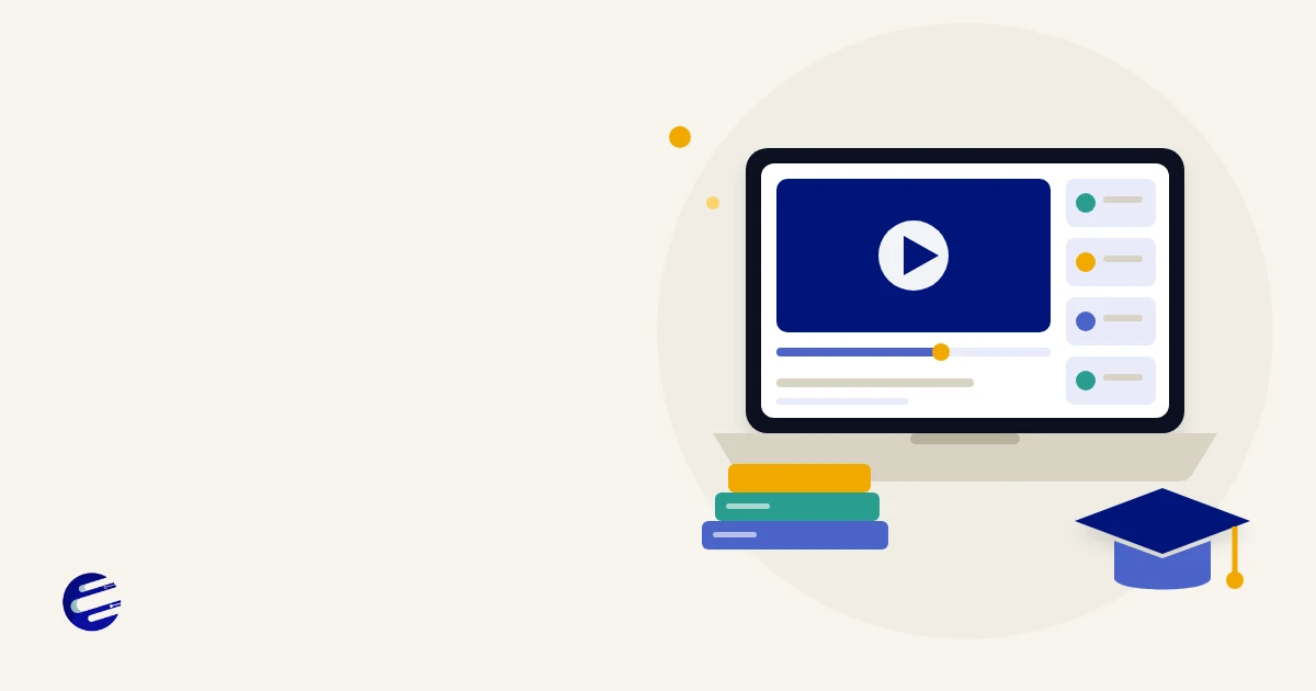 Illustration of a laptop with video lessons, a quiz and a student progress bar