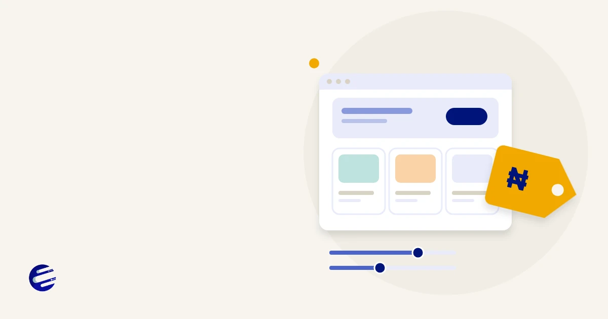 Illustration of a website wireframe next to a calculator and a price tag