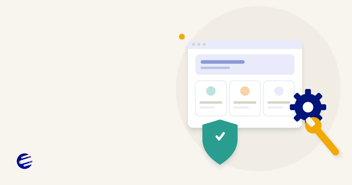 Illustration of a website dashboard with a wrench, a security shield and an update checklist