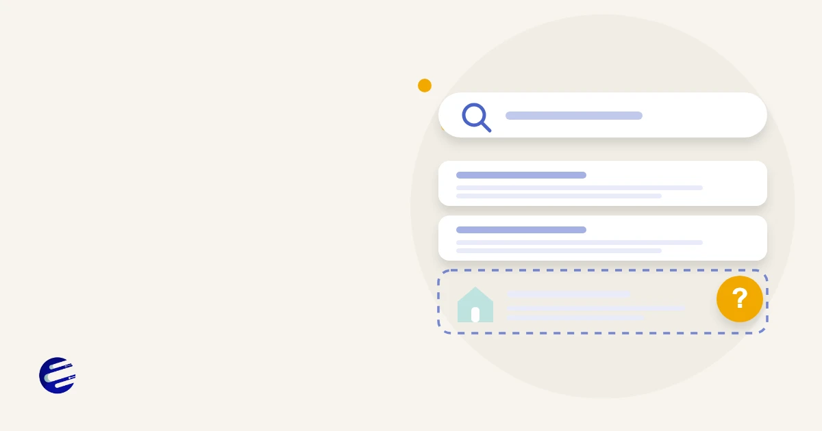 Illustration of a search results page with a missing website and a magnifying glass