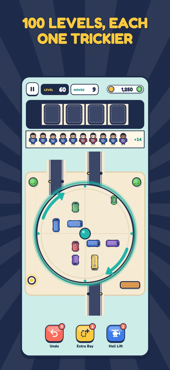 Bus Spin game screen with buses on a rotating turntable and the line 100 levels, each one trickier.