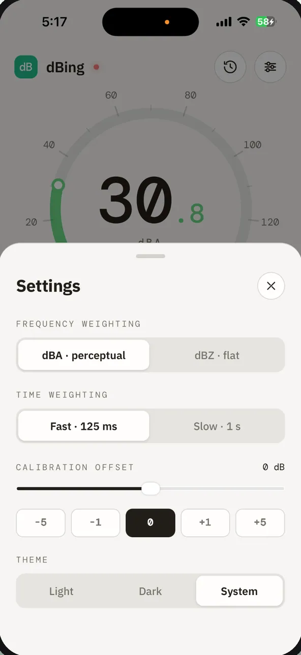 Settings for frequency weighting, time weighting, calibration offset and theme