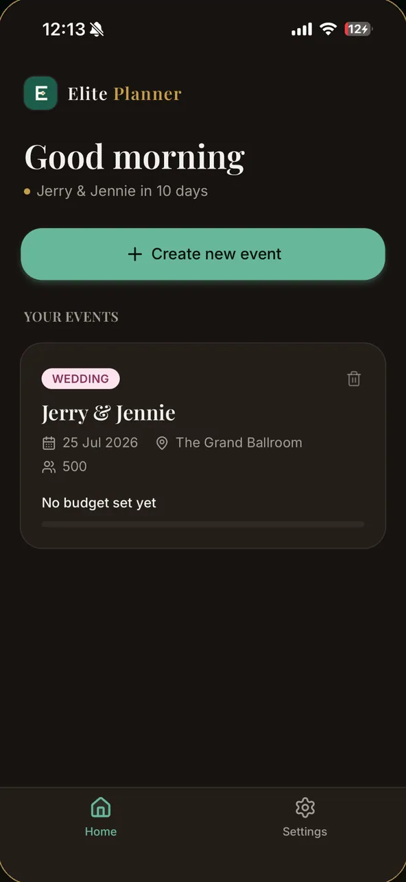 Home screen with an upcoming wedding and a button to create a new event