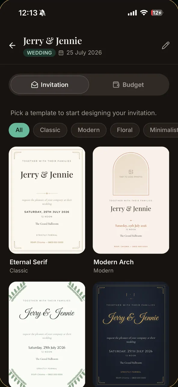 Invitation templates filtered by classic, modern, floral and minimal styles