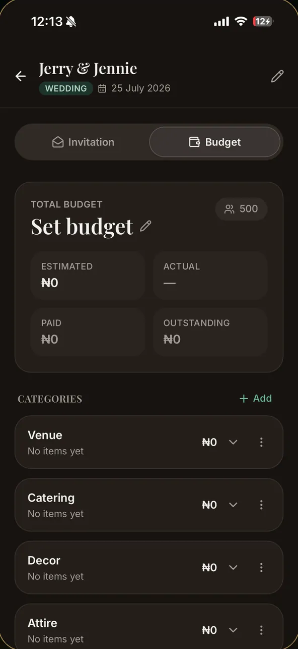 Elite Planner budget screen for a wedding, with estimated, actual, paid and outstanding totals and categories for venue, catering, decor and attire.