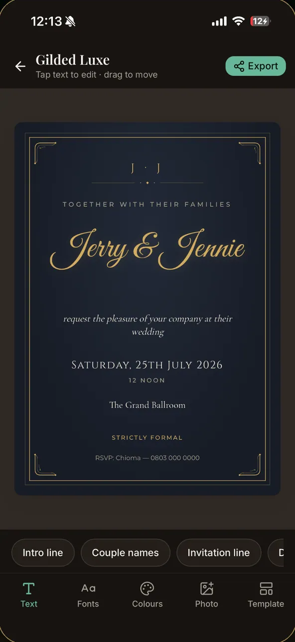 Editing an invitation, with tools for text, fonts, colours, photo and template