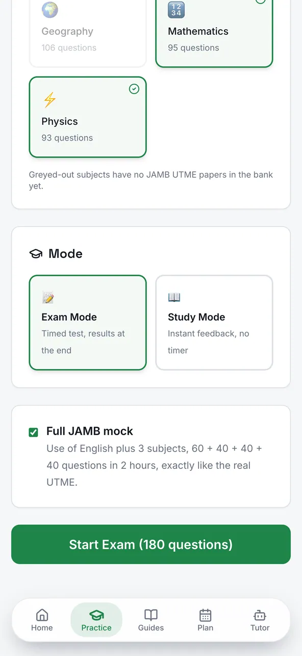 Etest JAMB CBT full JAMB mock setup screen