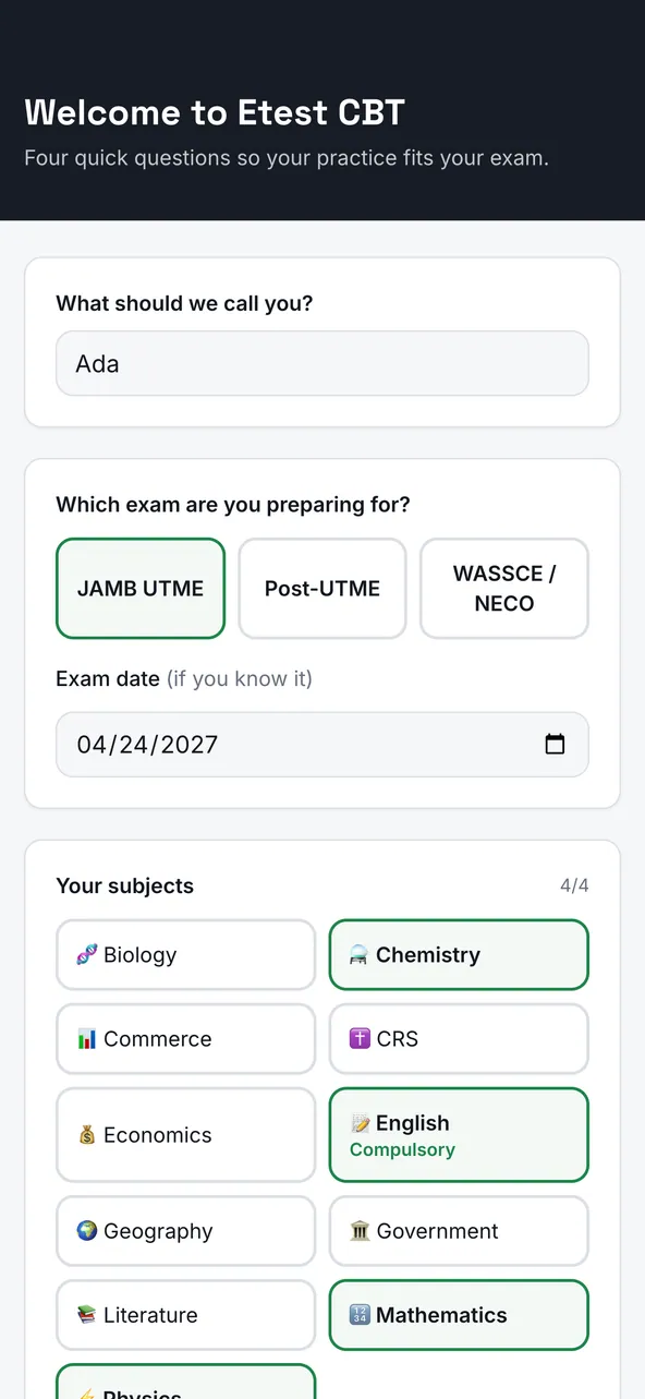 Etest JAMB CBT onboarding screen asking for your exam