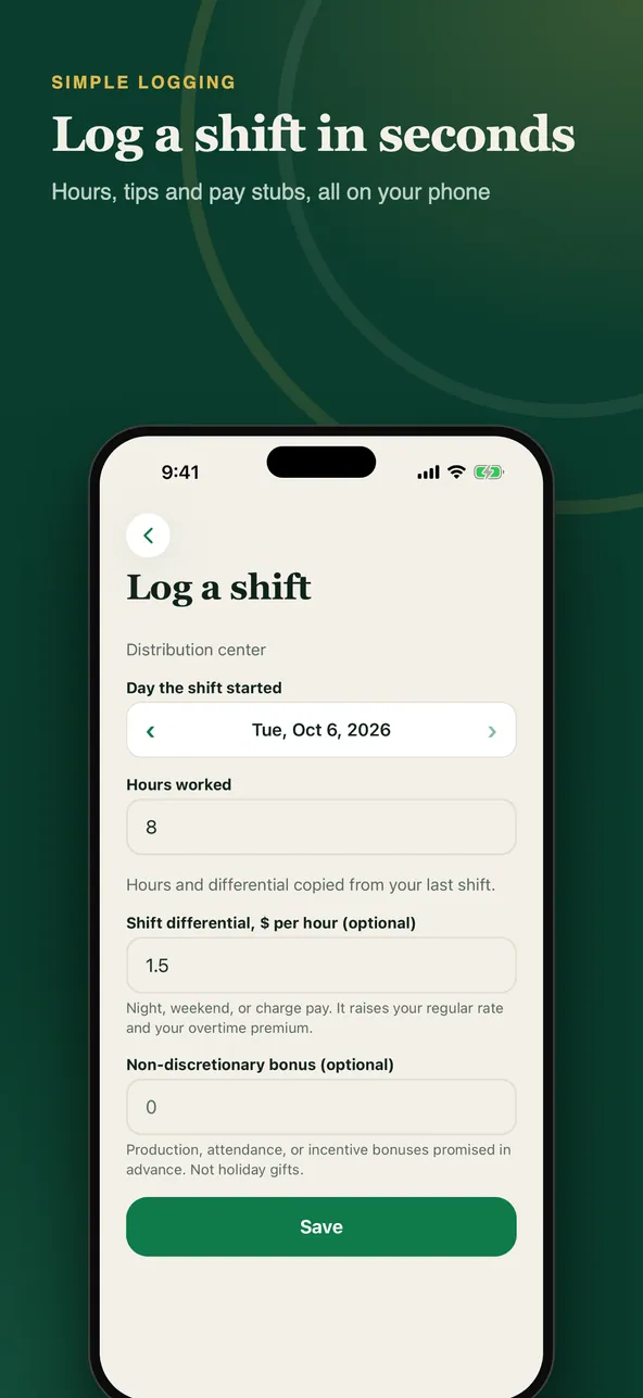 ExtraHalf log a shift screen