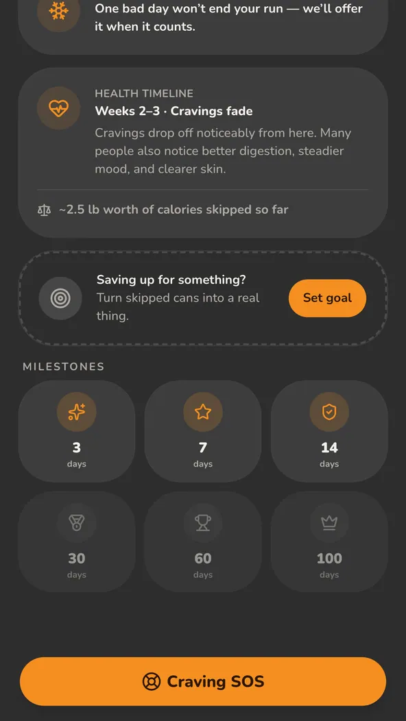 FizzFree milestones screen