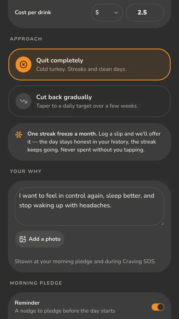 FizzFree screen for choosing to quit or reduce