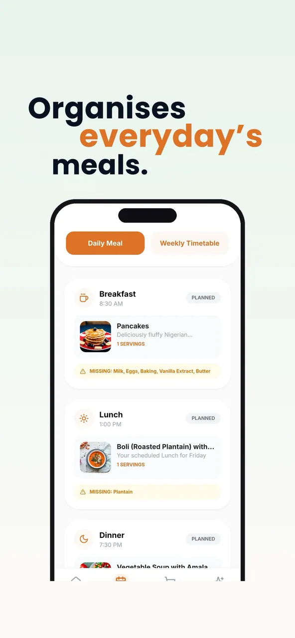 Manna AI daily meal screen listing breakfast, lunch and dinner with missing ingredients, under the headline Organises everyday's meals.