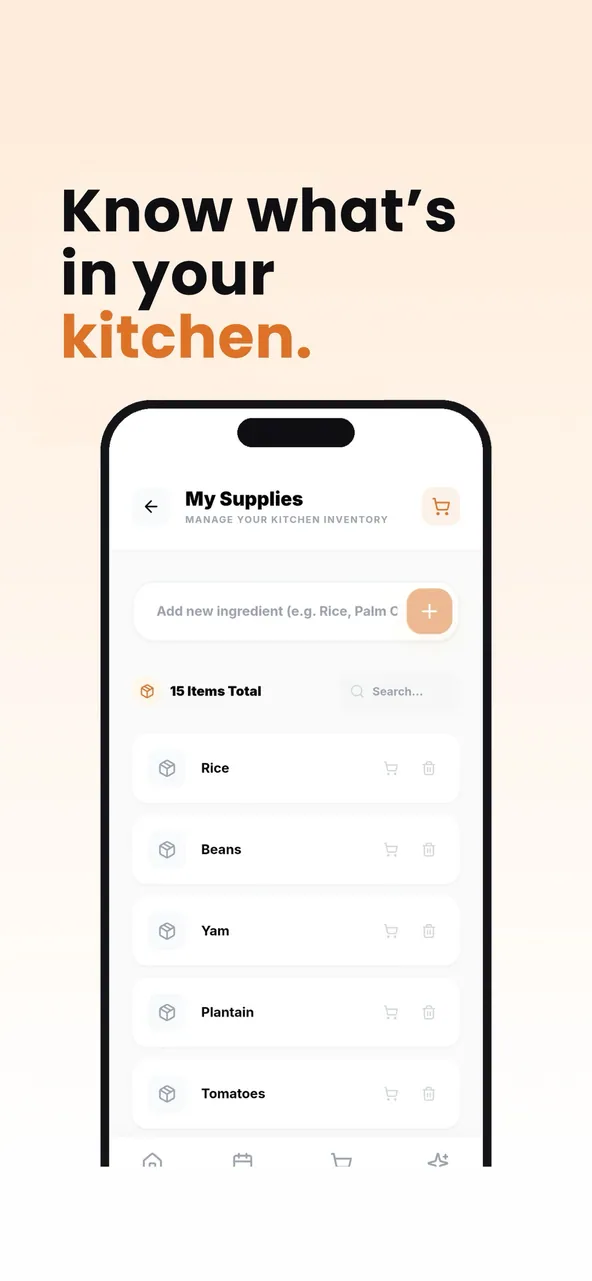 Manna AI My Supplies screen listing rice, beans, yam, plantain and tomatoes, under the headline Know what's in your kitchen.
