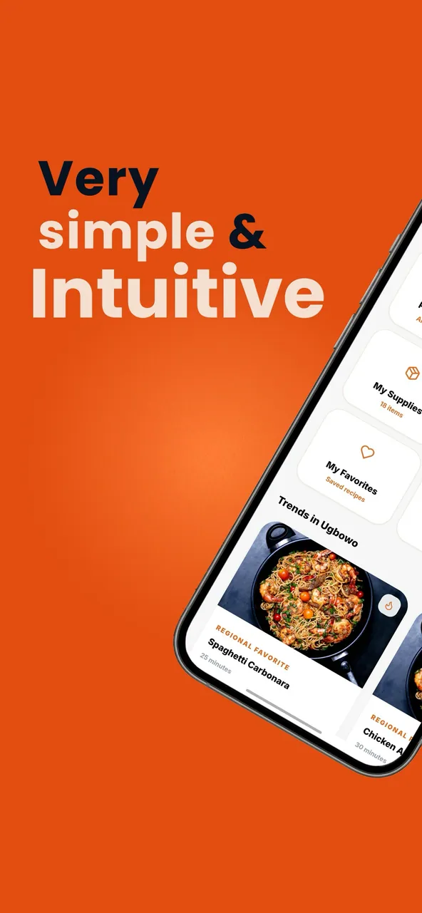Manna AI home screen with quick action tiles and a regional recipe, on an orange background with the words Very simple and Intuitive.