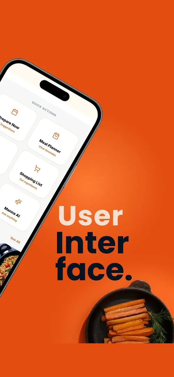 Manna AI quick actions for Prepare Now, Meal Planner, Shopping List and Manna AI, on an orange background with the words User Interface.