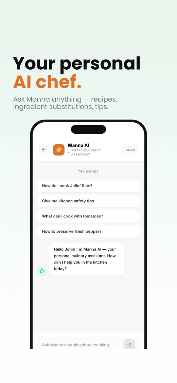 Manna AI chat screen with suggested cooking questions and a greeting
