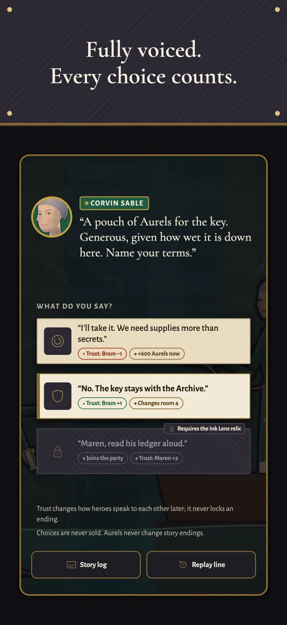 Relicfall story choice screen design