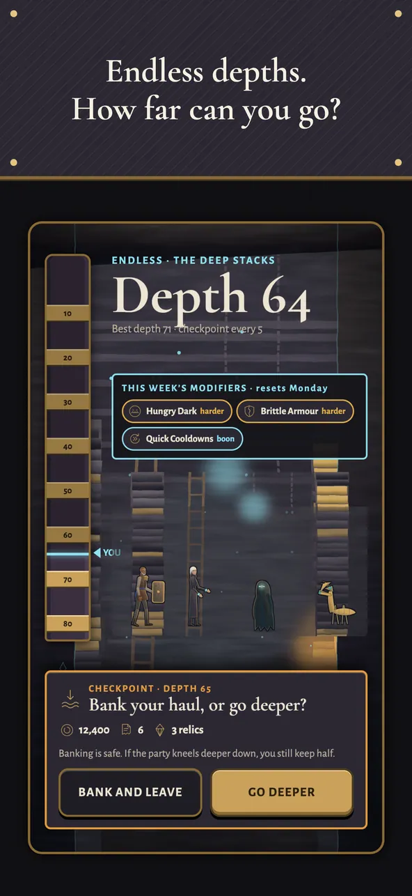 Relicfall design art for the endless mode, showing Depth 64.