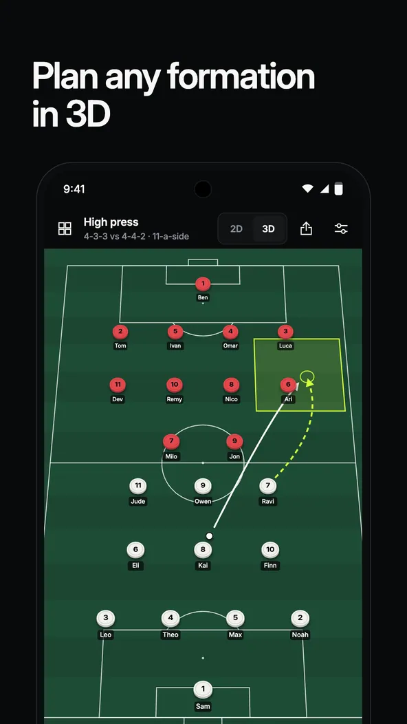 Tactics Board 3D showing a 4-3-3 against a 4-4-2 on a 3D pitch, with a pass and a run drawn.