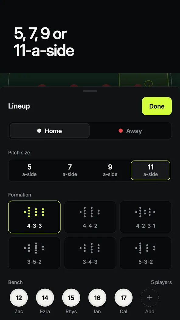 Choosing 5, 7, 9 or 11-a-side and a formation