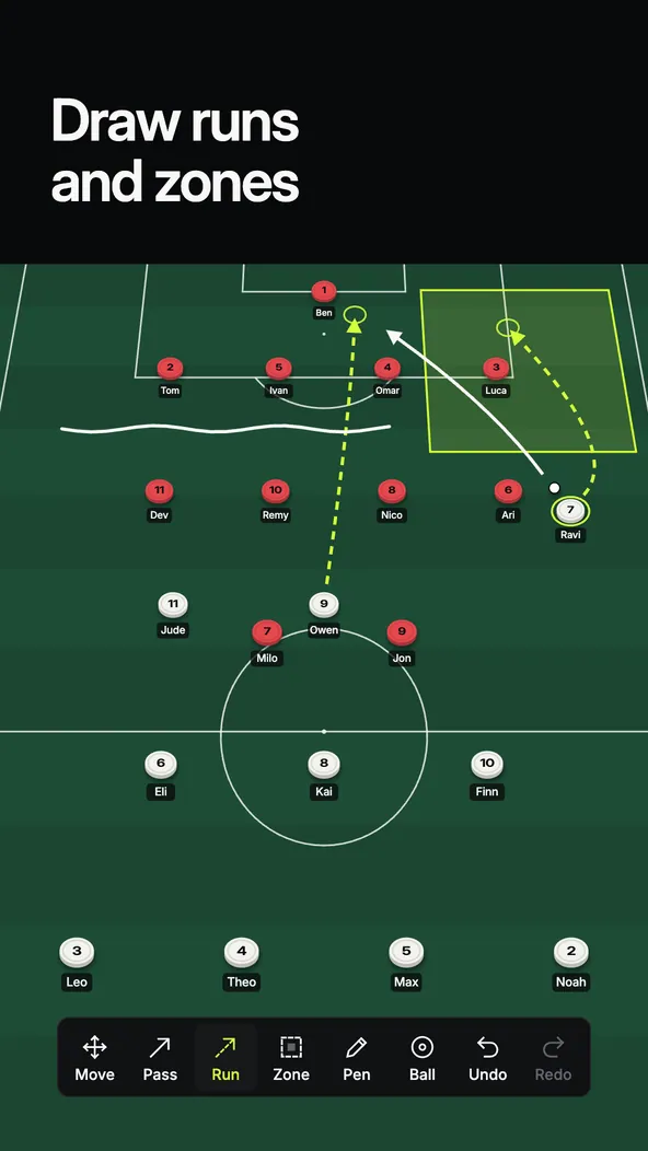 Runs and a shaded zone drawn on the board